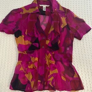 Diane von Furstenberg | Vibrant Pink Multicolor Sheer Silk Blouse (Size 4) 🌷